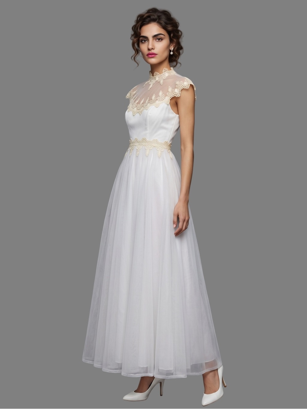 VINTAGE Ivory White Sleeveless Evening gown Lace trim Sheer High neckline Luxe